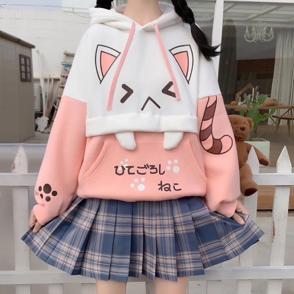 Harajuku Kawaii Hoodies Anime Cotton Fleece Sweatshirt Cat Printed Hoodie.