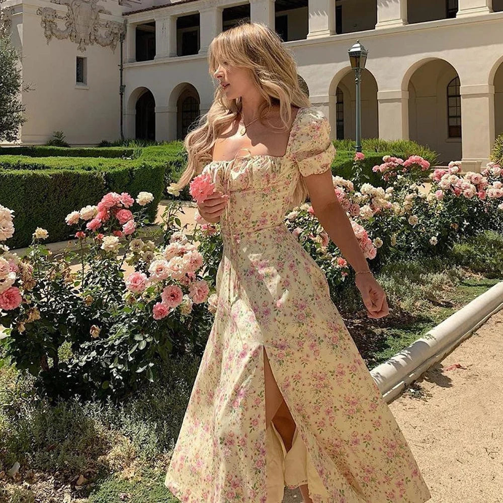 Nice White Puffy Sleeve Floral Elegant  Ladies Backless Long Dress.