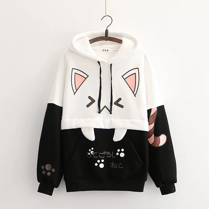 Harajuku Kawaii Hoodies Anime Cotton Fleece Sweatshirt Cat Printed Hoodie.