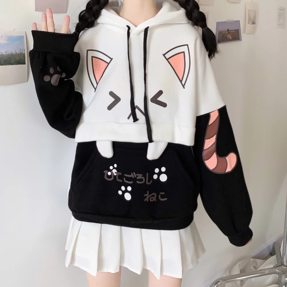 Harajuku Kawaii Hoodies Anime Cotton Fleece Sweatshirt Cat Printed Hoodie.