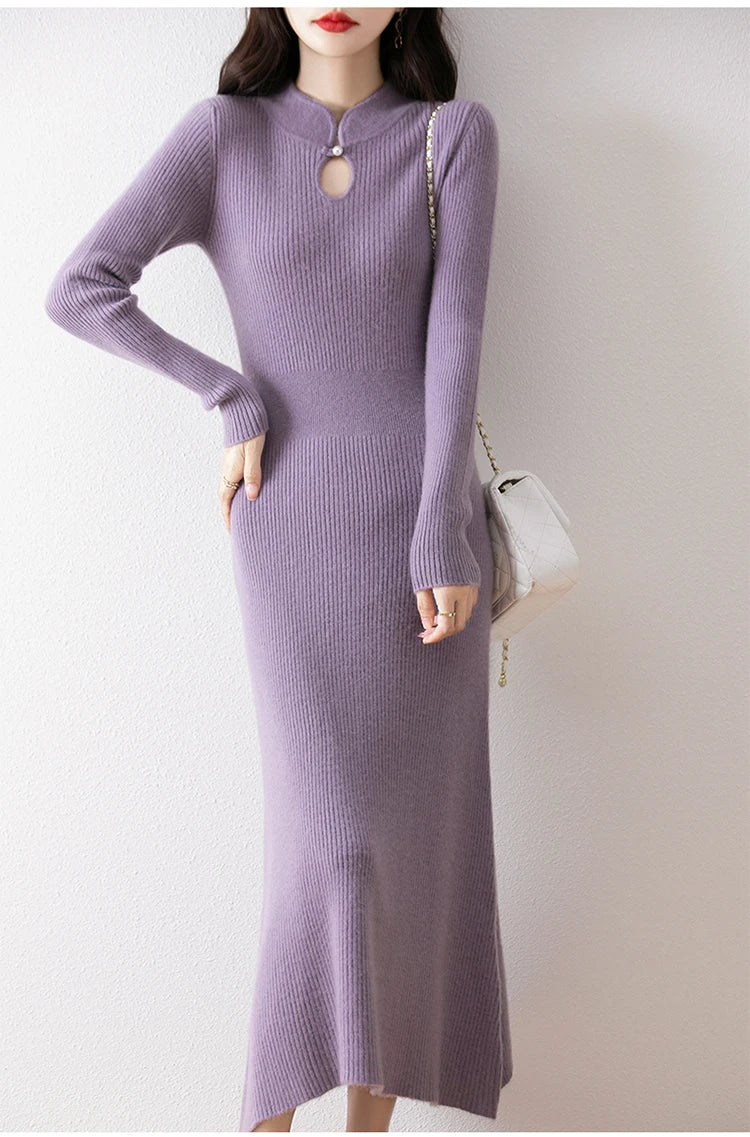 New Long sleeved knitted Chinese Buckle Autumn And Winter Dress