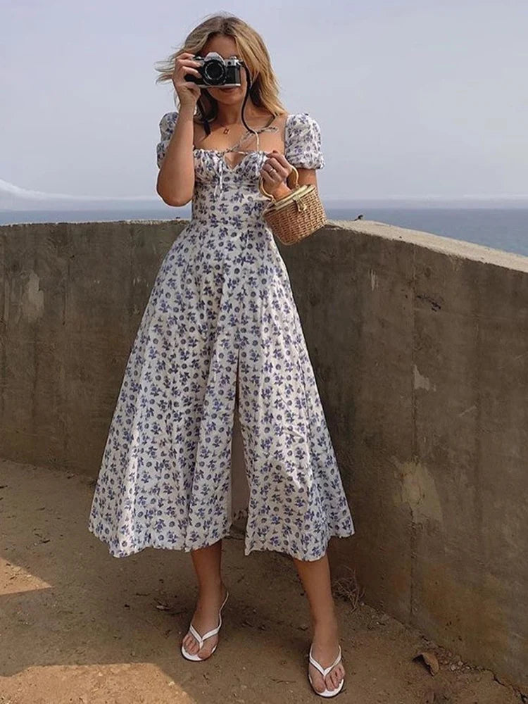 Nice White Puffy Sleeve Floral Elegant  Ladies Backless Long Dress.