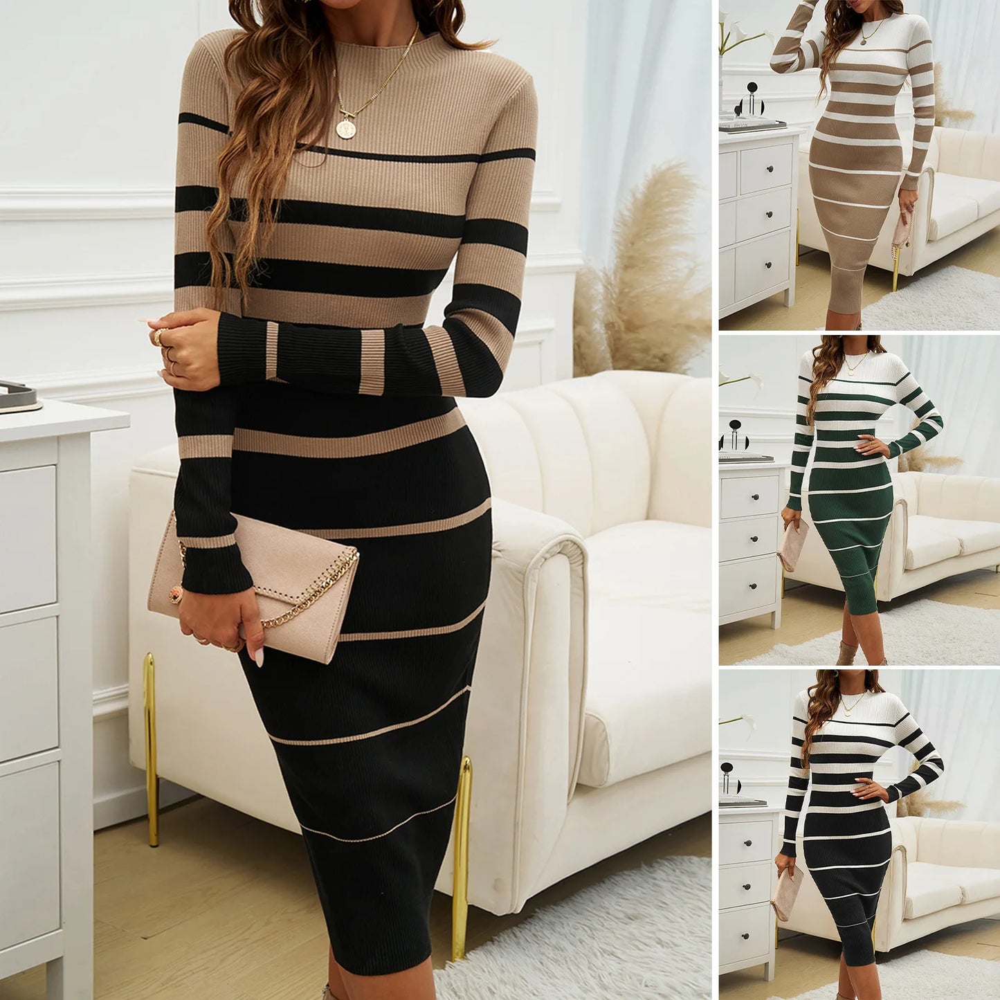 New Fashion Elegant Slim Fit Contrast Long Sleeve European and American  Dress.