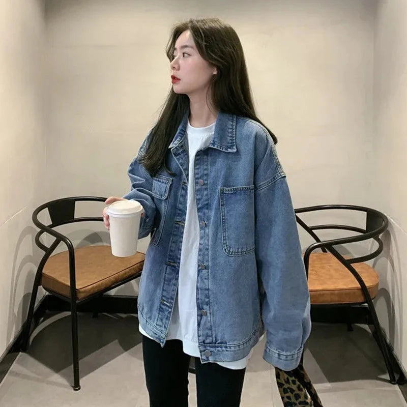 Women's Loose Denim Coat Korean Style Single-Breasted Long Sleeve Jacket