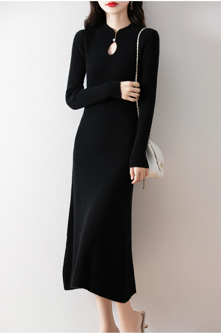 New Long sleeved knitted Chinese Buckle Autumn And Winter Dress