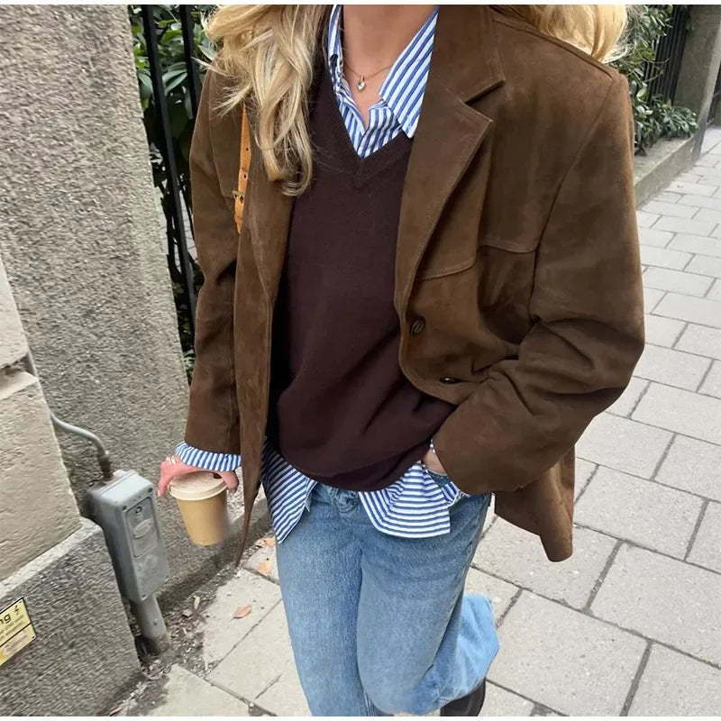 2024 Fashion Brown Lapel With Pocket Women's Jacket Single Breasted Long Sleeved Vintage Coat