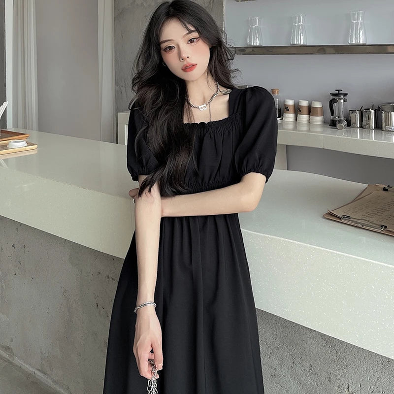 Black Long Loose  Sweet Square Collar Elegant Dress for Spring and Autumn.