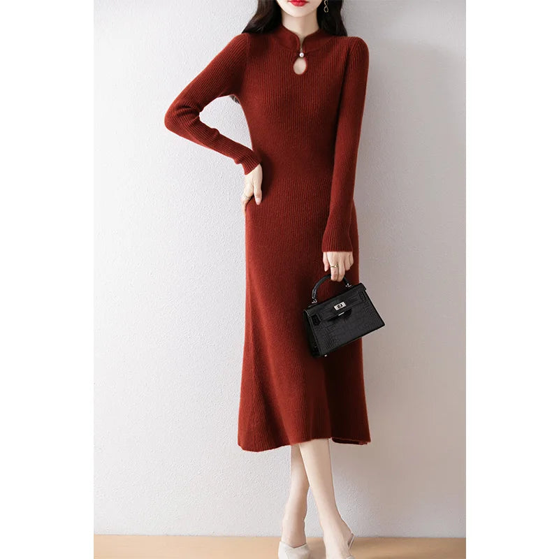 New Long sleeved knitted Chinese Buckle Autumn And Winter Dress