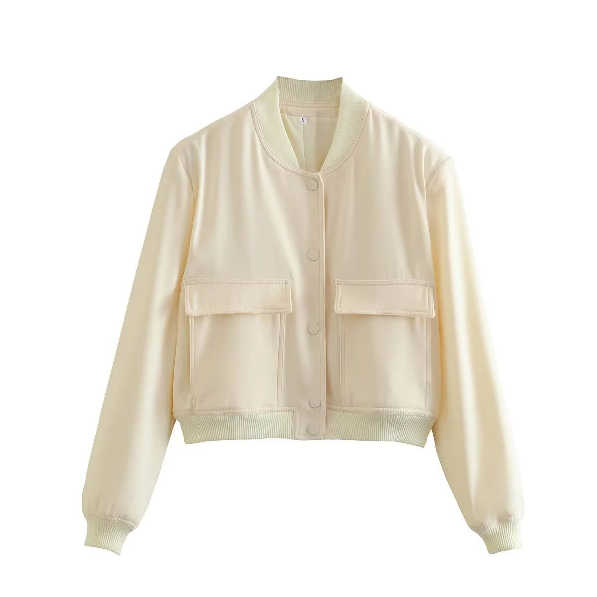 Woman's Bomber Jacket Coat White Autumn Winter Button Cropped Jackets