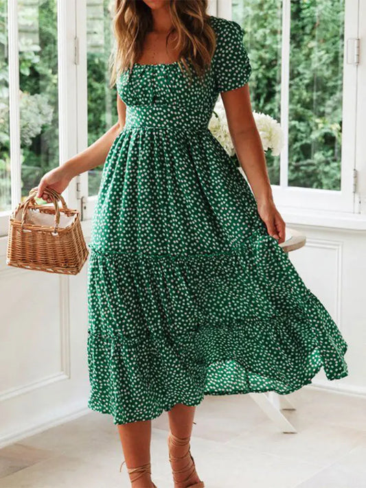 Old Vintage Print Puffy Sleeve summer Beach sweet dress.