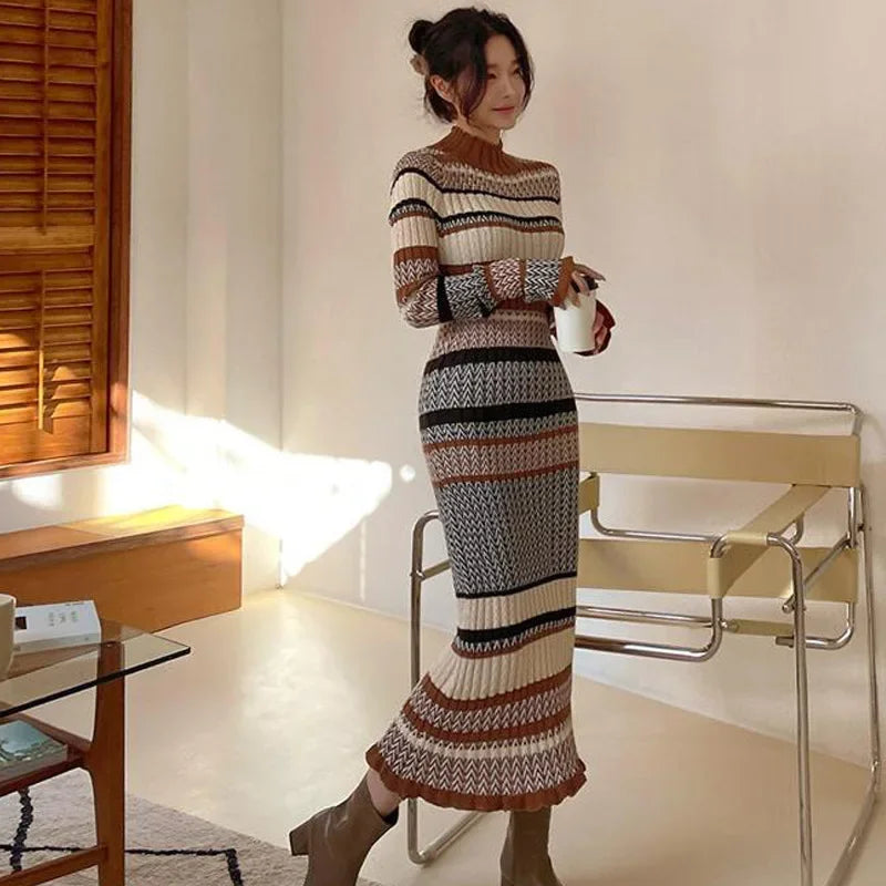 New Long Knitted Block Sweater Dress.