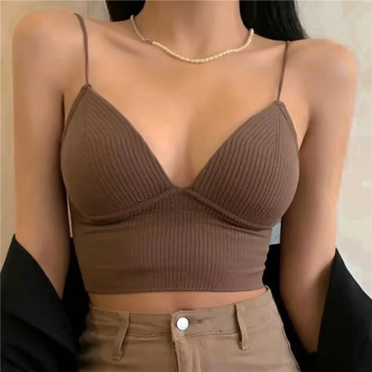 V-Neck Camisole Women's Push-Up Bra with Chest Pads Knitted Crop Top