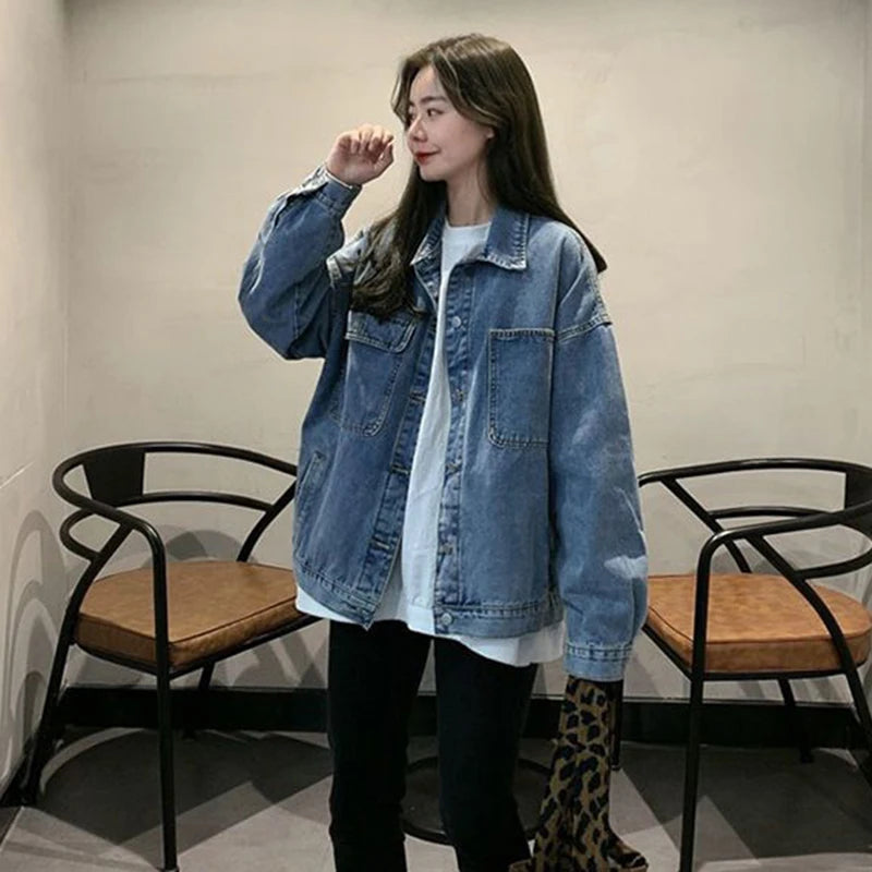 Women's Loose Denim Coat Korean Style Single-Breasted Long Sleeve Jacket