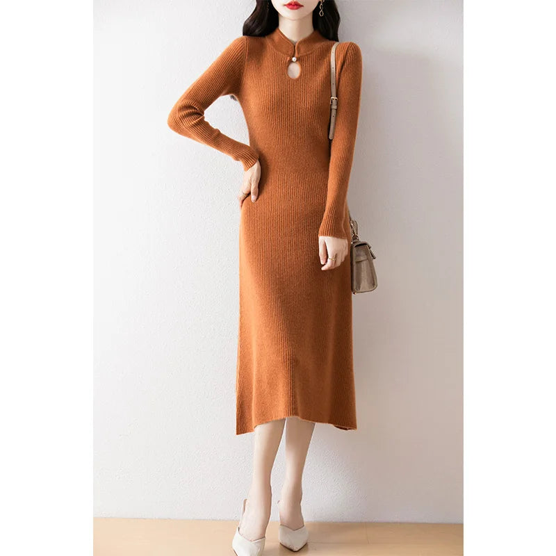 New Long sleeved knitted Chinese Buckle Autumn And Winter Dress