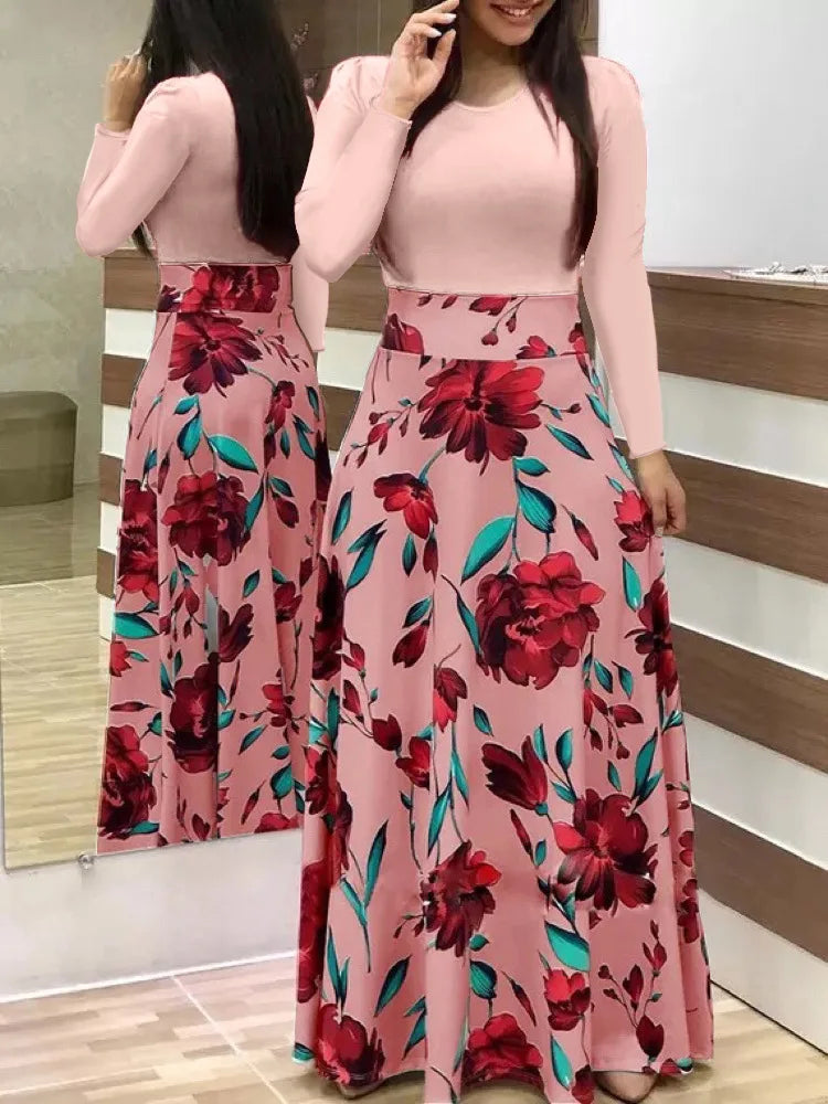 hot selling European and American Autumn flower color matching dresses.