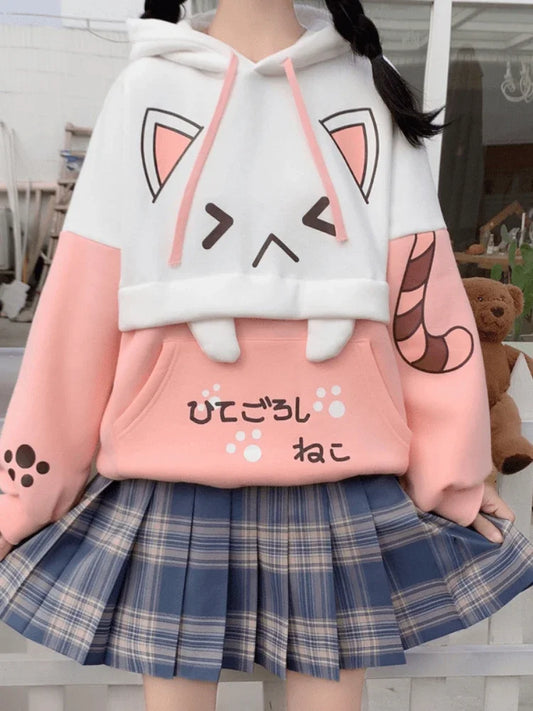 Harajuku Kawaii Hoodies Anime Cotton Fleece Sweatshirt Cat Printed Hoodie.