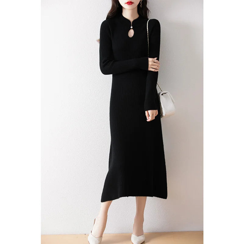 New Long sleeved knitted Chinese Buckle Autumn And Winter Dress