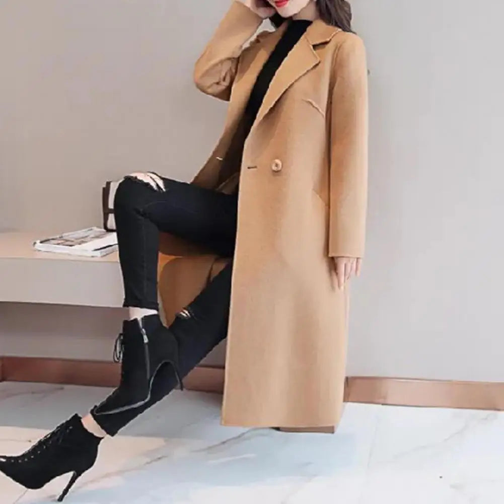 Women Woolen Coat Elegant Lapel Woolen Coat with Two Buttons Pockets for Women Stylish Mid-length