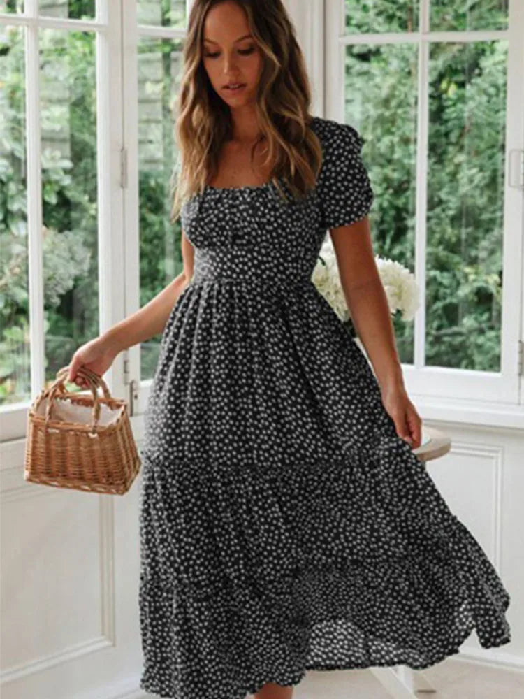 Old Vintage Print Puffy Sleeve summer Beach sweet dress.