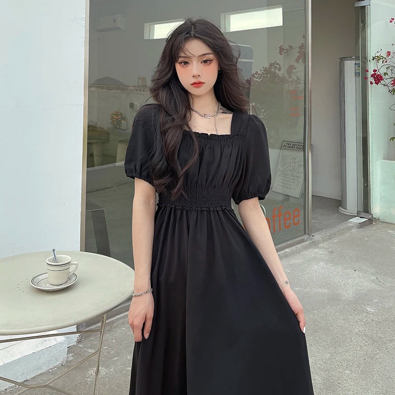 Black Long Loose  Sweet Square Collar Elegant Dress for Spring and Autumn.