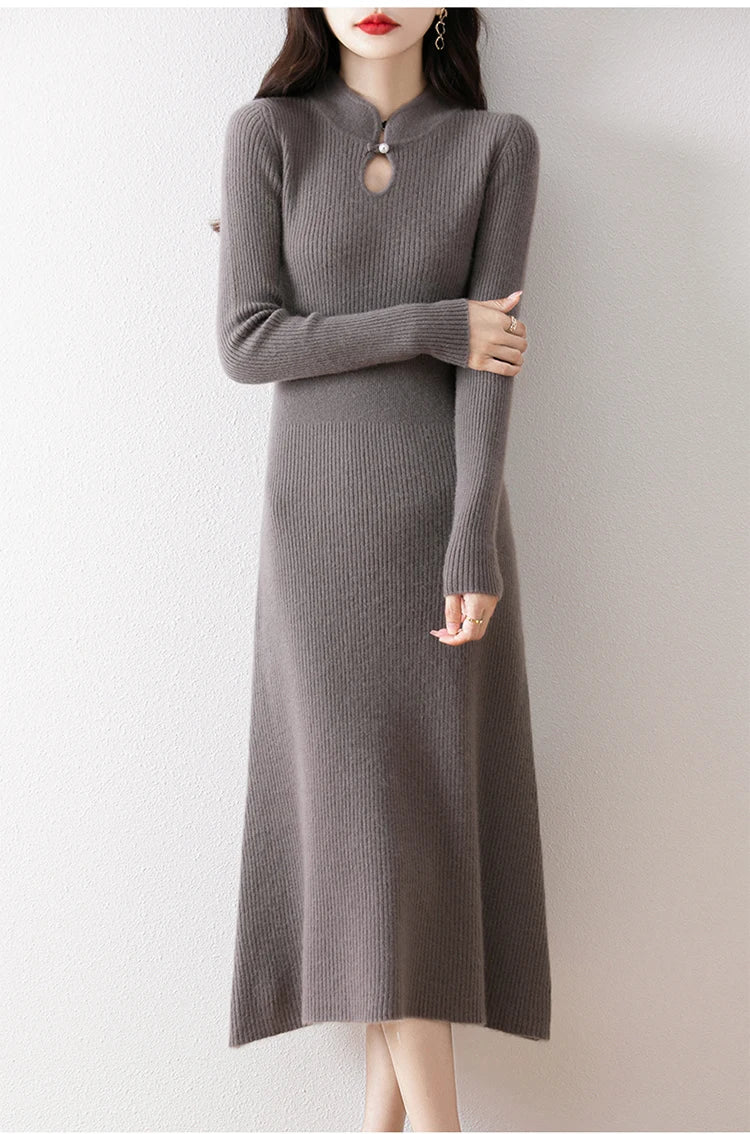 New Long sleeved knitted Chinese Buckle Autumn And Winter Dress