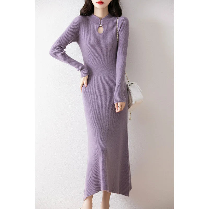 New Long sleeved knitted Chinese Buckle Autumn And Winter Dress