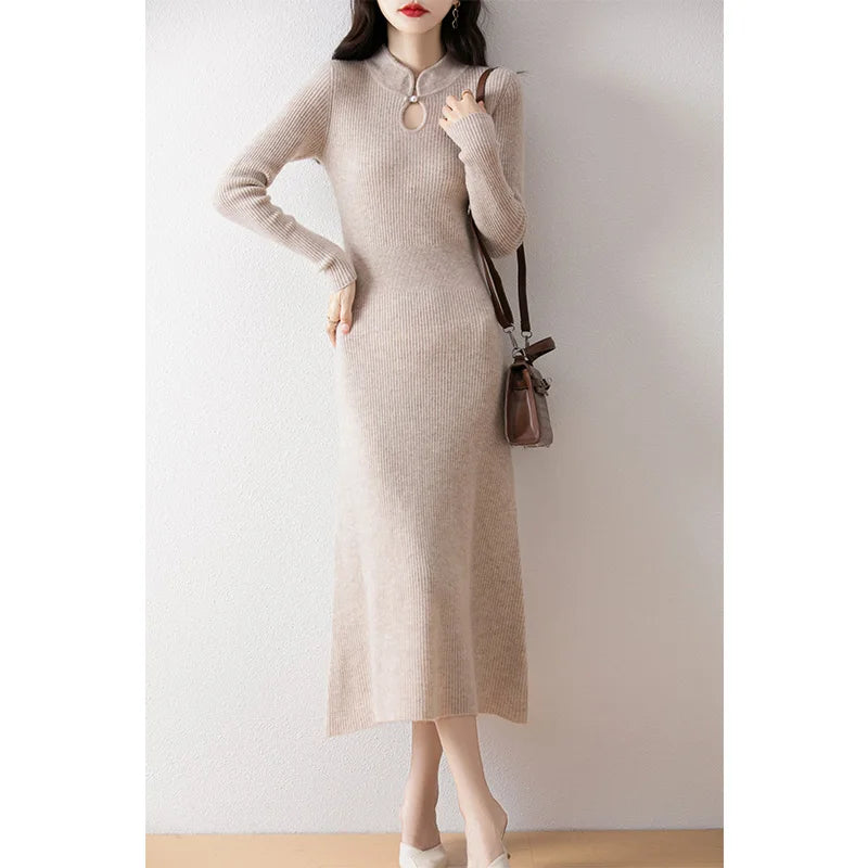 New Long sleeved knitted Chinese Buckle Autumn And Winter Dress