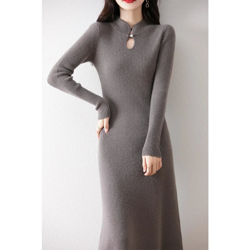 New Long sleeved knitted Chinese Buckle Autumn And Winter Dress