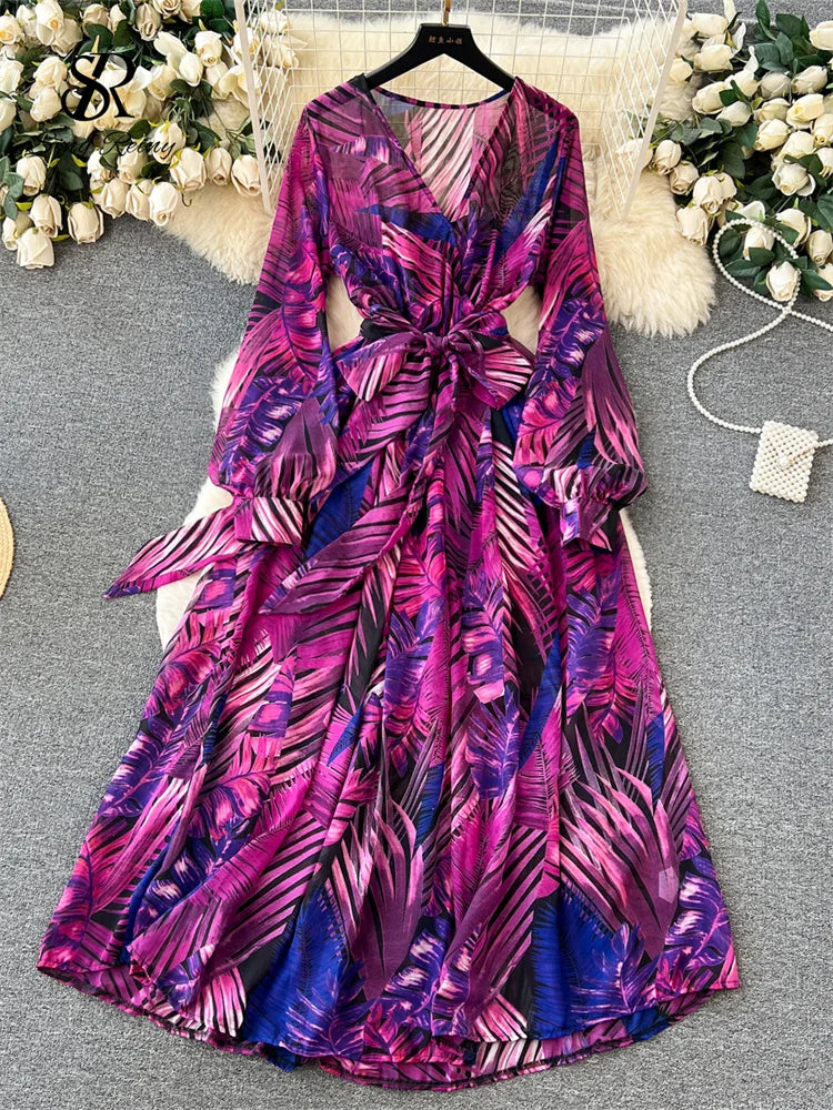 Chiffon  Floral Print V Neck Long Lantern Sleeves Bandage Bow Female Loose Autumn A Line Maxi Dress.