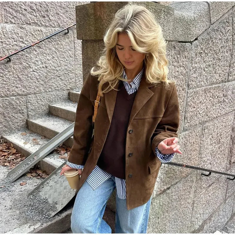 2024 Fashion Brown Lapel With Pocket Women's Jacket Single Breasted Long Sleeved Vintage Coat