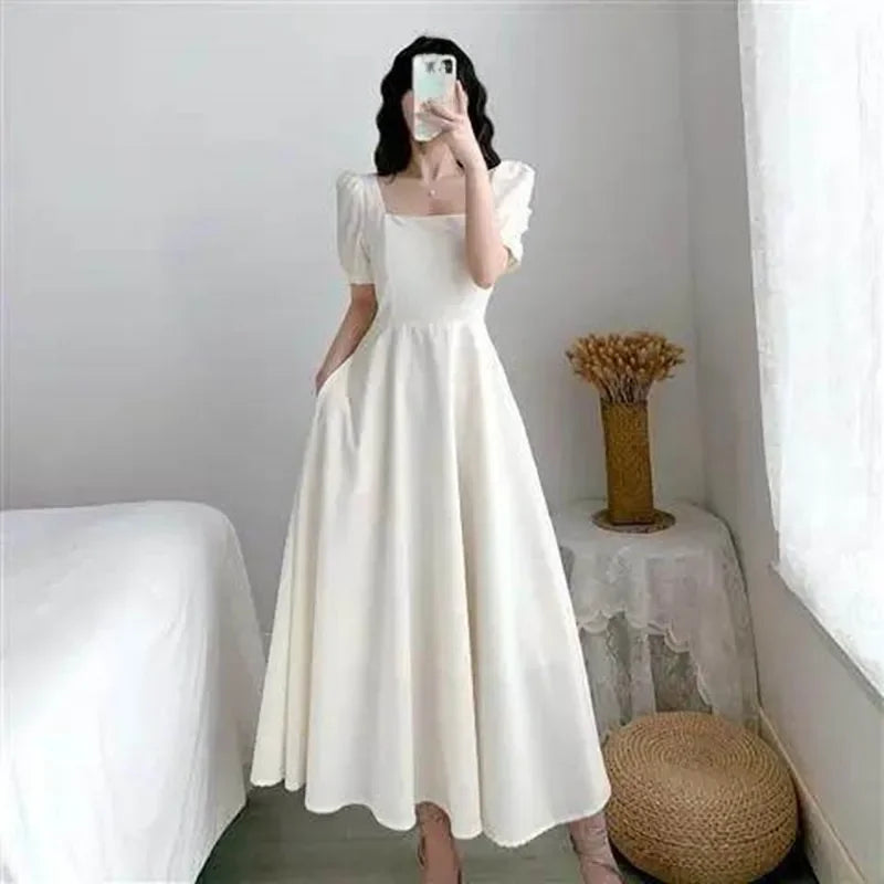 White Slim Fit Bubble Sleeve Square Neck Dress.