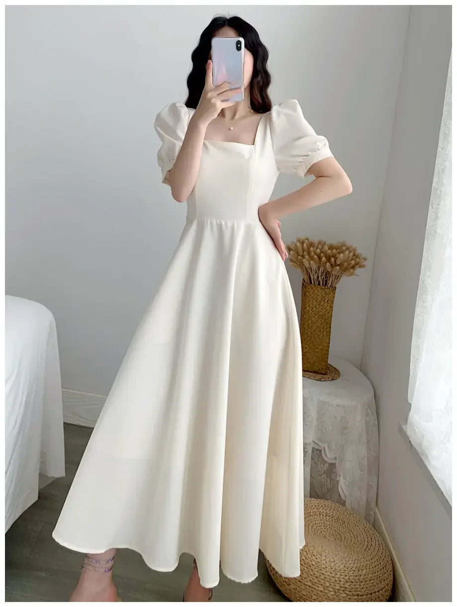 White Slim Fit Bubble Sleeve Square Neck Dress.