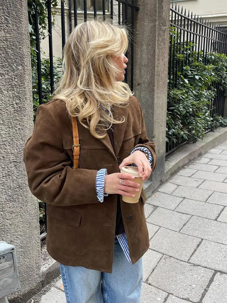 2024 Fashion Brown Lapel With Pocket Women's Jacket Single Breasted Long Sleeved Vintage Coat