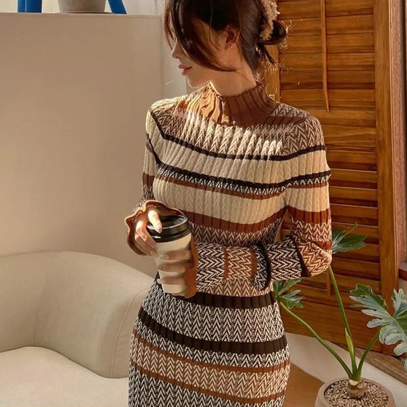 New Long Knitted Block Sweater Dress.