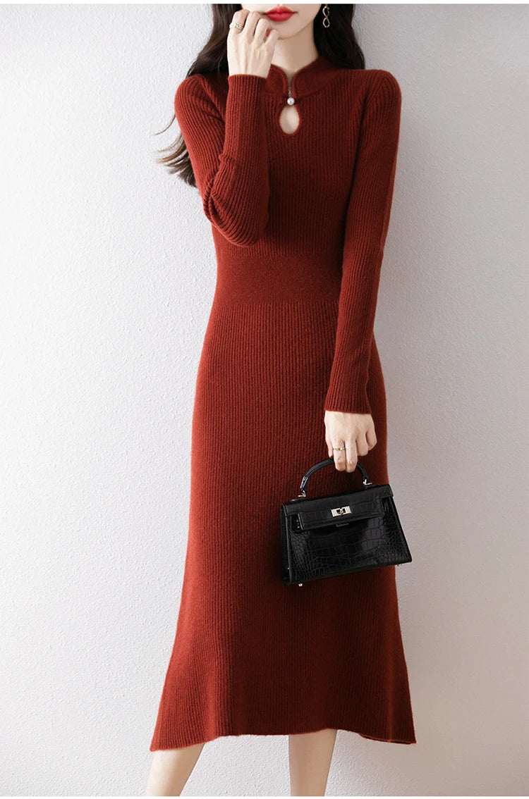 New Long sleeved knitted Chinese Buckle Autumn And Winter Dress