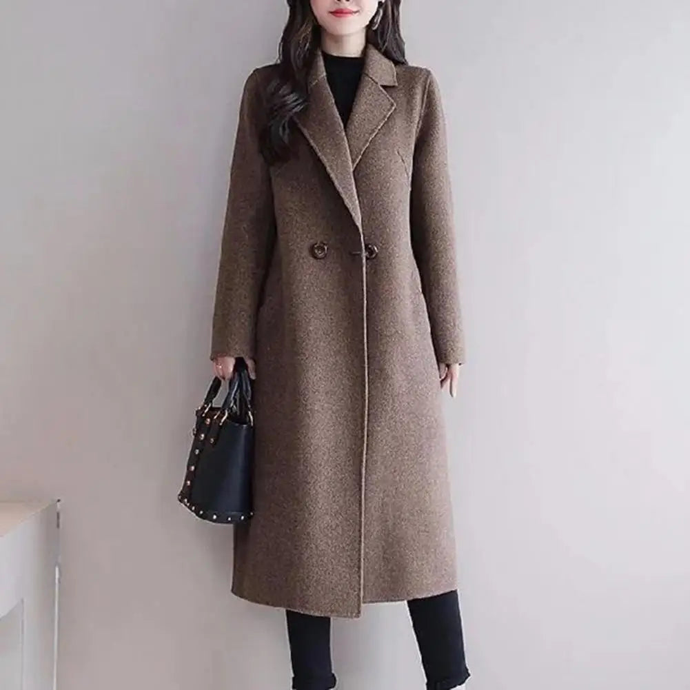 Women Woolen Coat Elegant Lapel Woolen Coat with Two Buttons Pockets for Women Stylish Mid-length