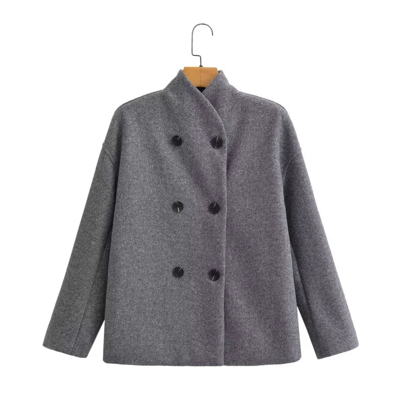 Women's Woolen Coats Loose Casual Retro Double Breasted Stand Collar Short Jacket